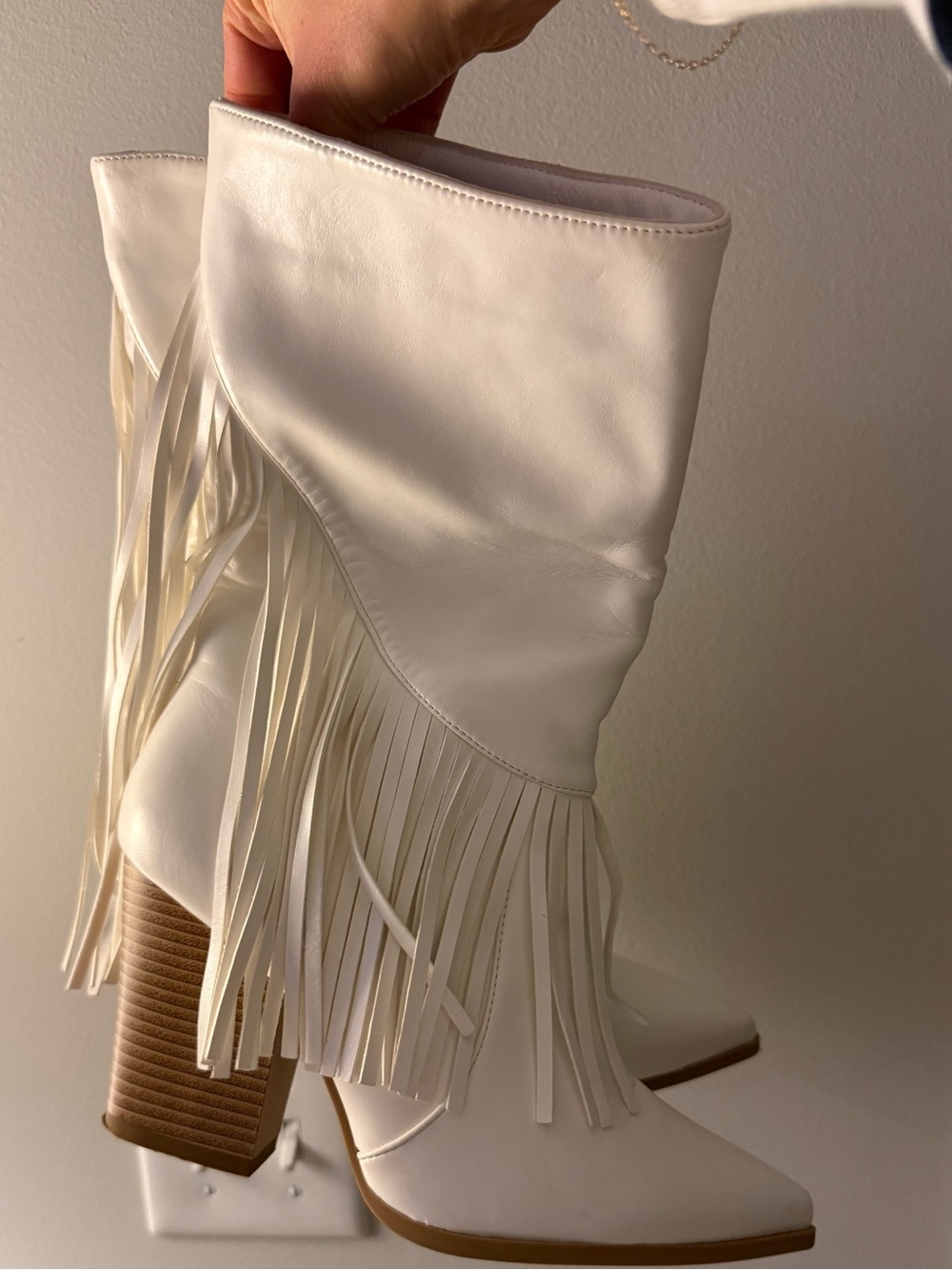 White Fringe Mid-Calf Western Boots